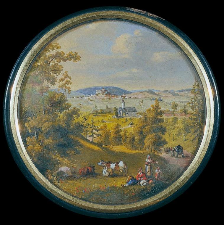 Unbekannter Künstler, Ansicht von Weitra im Waldviertel, um 1830, Öl auf Karton, D: 9,5 cm, Bel ...