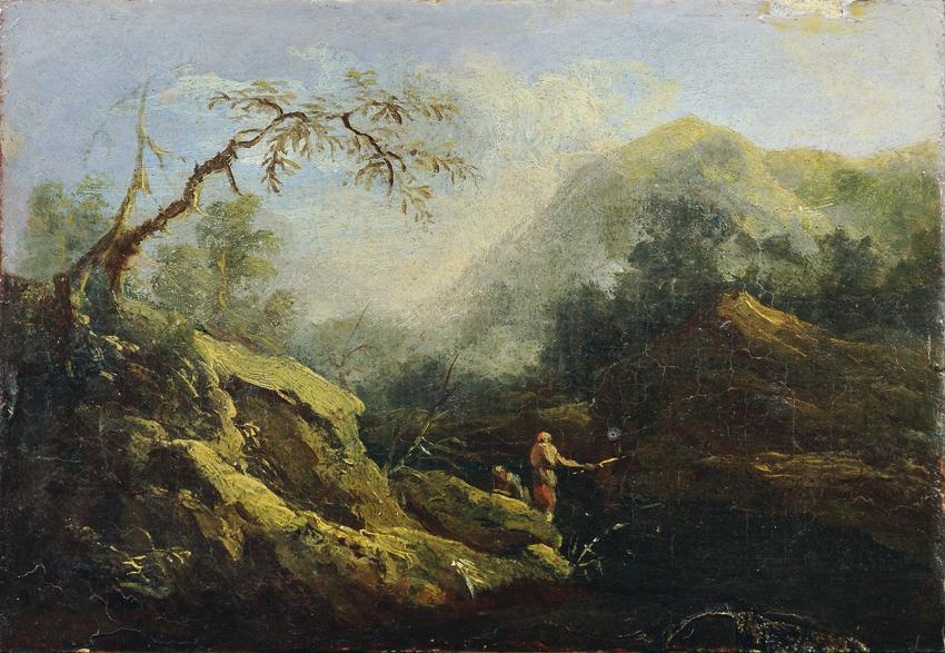 Johann Christian Brand, Bergige Landschaft mit Angler, um 1770/1780, Öl auf Holz, 10,3 x 15 cm, ...