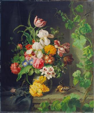 Josef Lauer, Blumenstillleben mit Stieglitz und Weinranke, 1848, Öl auf Leinwand, 90 x 74 cm, B ...