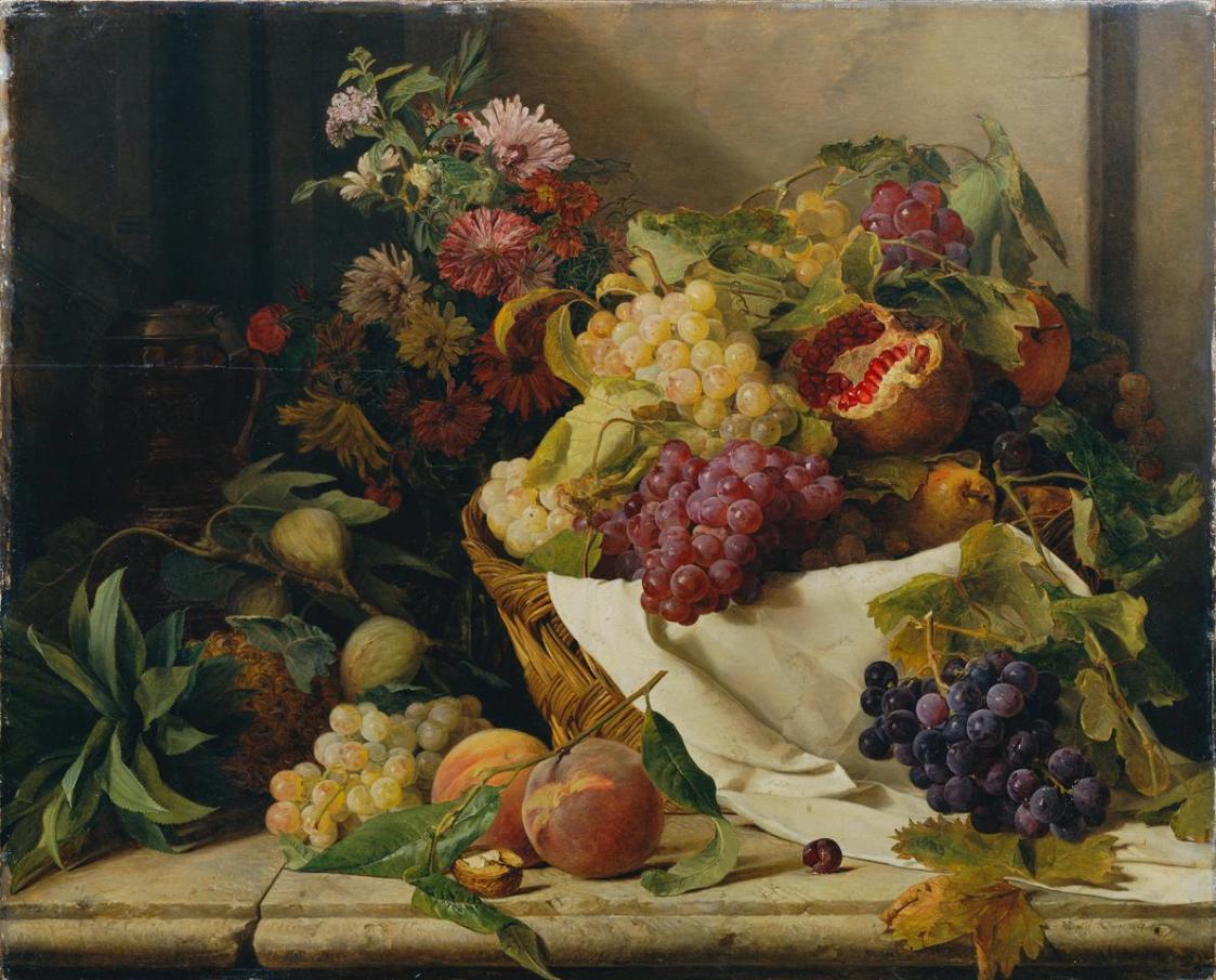 Rosalia Amon, Stillleben mit Früchten und Blumen, 1847, Öl auf Holz, 58 x 73 cm, Belvedere, Wie ...