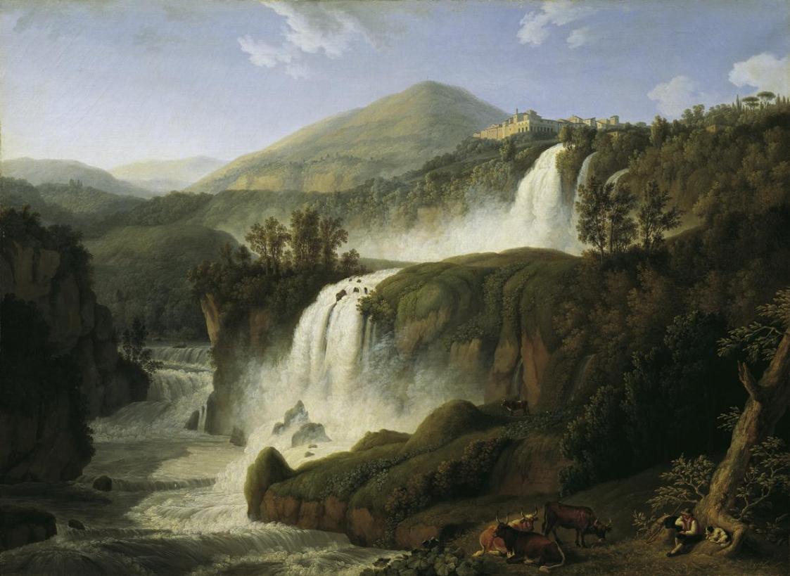 Jacob Philipp Hackert, Der große Wasserfall von Tivoli bei Rom, 1790, Öl auf Leinwand, 126 x 17 ...