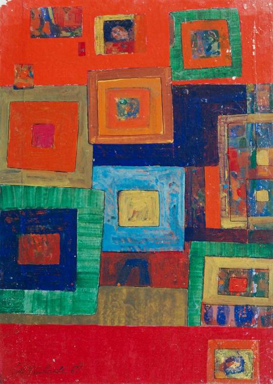 Heinrich Tahedl, Rote Komposition, 1981, Acryl auf Hartfaserplatte, ungerahmt: 105 × 75 × 3 cm, ...