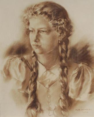 August Eduard Wenzel, Mädchen mit Zöpfen, 1948, Bister auf Pappe, 55 x 45 cm, Belvedere, Wien,  ...
