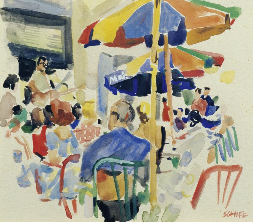 Friedrich Hermann Schiff, Strandcafé, Grado, 1965, Aquarell auf Papier, 15 x 17 cm, Belvedere,  ...