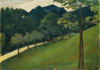 Otto Friedrich, Blick von einem grünen Abhang gegen eine Allee, 1902, Öl auf Holz, 18,8 x 27 cm ...
