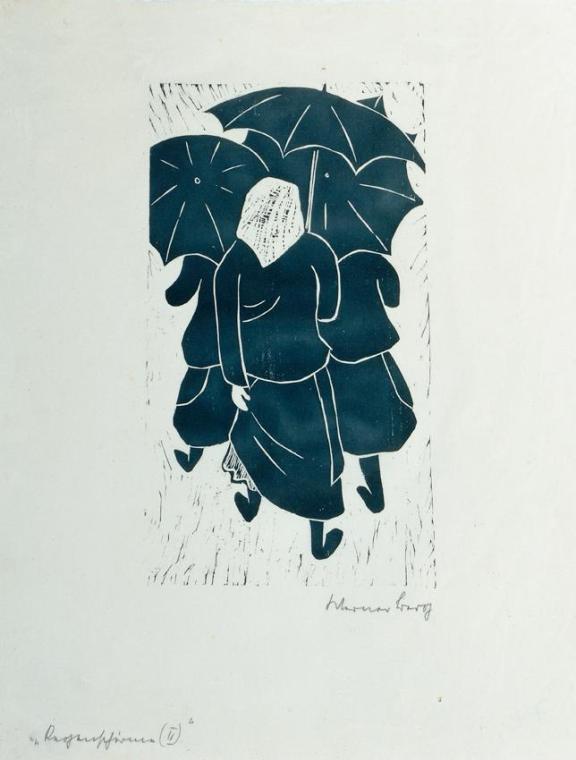 Werner Berg, Regenschirme II, 1950, Holzschnitt, 40 x 23,5 cm, Artothek des Bundes, Dauerleihga ...