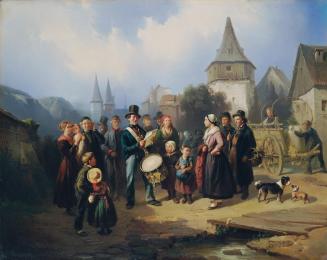 August von Rentzell, Der Dorftrommler, Öl auf Leinwand, 42,5 x 54 cm, Belvedere, Wien, Inv.-Nr. ...
