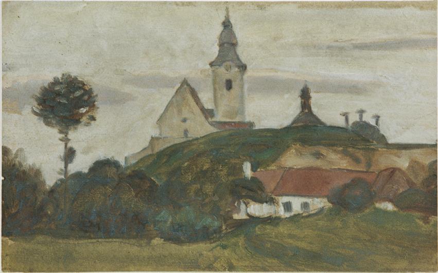 Walther Gamerith, Landschaft mit Kirche und Dorf, 1922, Tempera auf Pappe, 18,4 x 29,5 cm, Belv ...