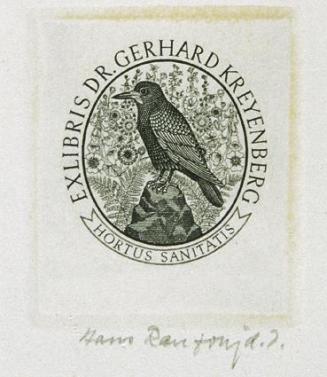 Hans Ranzoni, Exlibris Dr. Gerhard Kreyenberg, 1982, Kupferstich, 5,2 × 4,5 cm, Belvedere, Wien ...