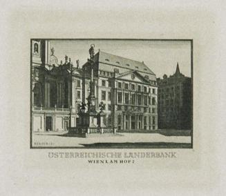 Hans Ranzoni d. J., Österreichische Länderbank Wien, Am Hof, 1949, Kupferstich, 7,9 x 8 cm, Bel ...