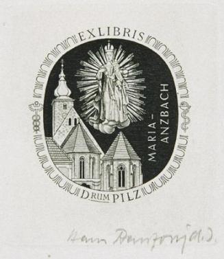 Hans Ranzoni, Exlibris Drum Pilz, 1981, Kupferstich, 5,7 × 5,1 cm, Belvedere, Wien, Inv.-Nr. 81 ...
