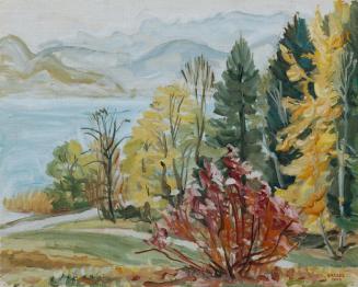 Günther Baszel, Herbstlandschaft am Attersee, 1948, Öl auf Leinwand auf Karton, 48 x 60 cm, Bel ...