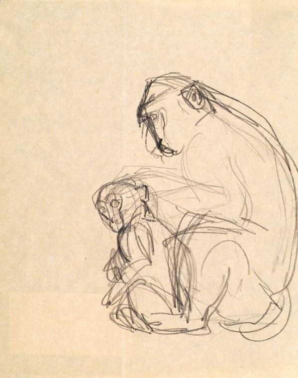 Franz Barwig d. Ä., Affe mit Jungem, 1928, Bleistift auf Papier, 27,5 x 21,5 cm, Belvedere, Wie ...