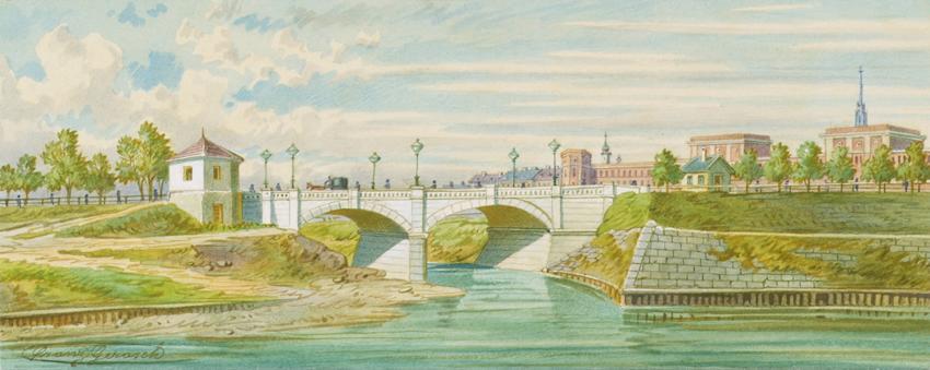 Franz Gerasch, Die Radetzkybrücke über den Wienfluss mit seiner Ausmündung in die Donau, undati ...
