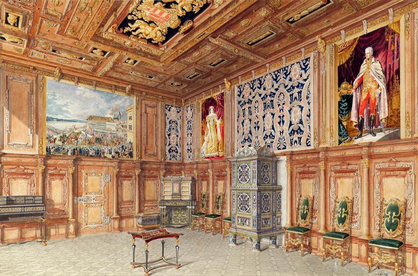 Sotira, Der Krönungssaal in Schloss Laxenburg bei Wien, 1834, Aquarell auf Papier, 33,6 × 51 cm ...