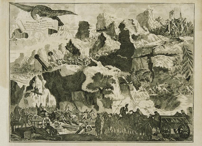 Alpenübergang mit schwerer Artillerie, 18. Jahrhundert, Kupferstich auf Papier, Blattmaße: 31,5 ...