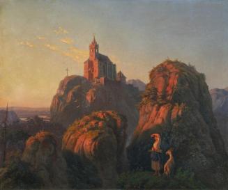 Emil Ludwig Löhr, Landschaft mit Kirche am Abend, 1845, Öl auf Karton, 26,5 x 31,5 cm, Belveder ...