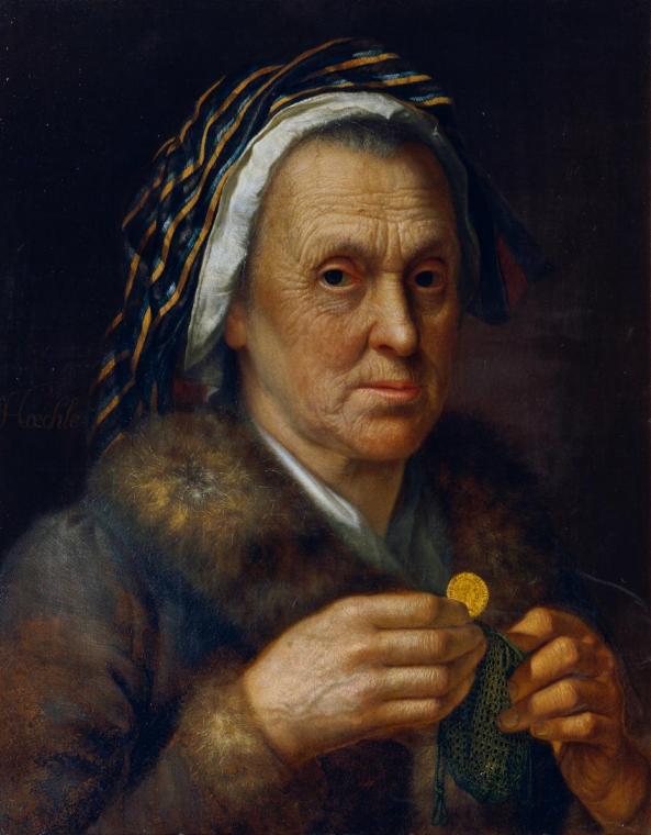 Johann Baptist Hoechle, Alte Frau mit einem Dukaten, vor 1820, Öl auf Leinwand, 47,5 x 39 cm, B ...