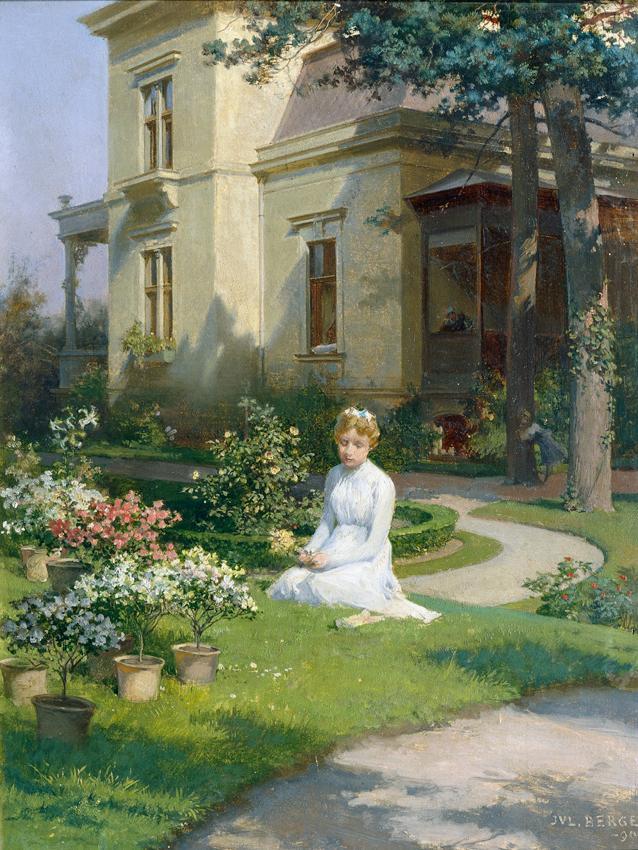 Julius Victor Berger, Mädchen im Garten einer Villa, 1900, Öl auf Lindenholz, 39,5 × 30,5 cm, B ...