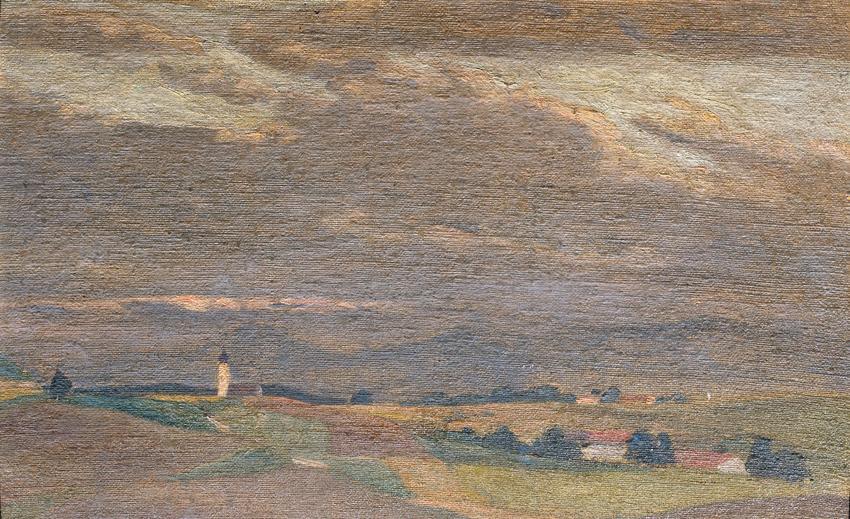 Friedrich Hasslwander, Abendlandschaft mit Kirchturm, Öl auf Leinwand auf Karton, 33 x 53 cm, B ...