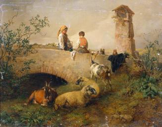 Leopold Brunner der Jüngere, Knabe und Mädchen mit Schafen und Ziegen, 1849, Öl auf Leinwand, 4 ...