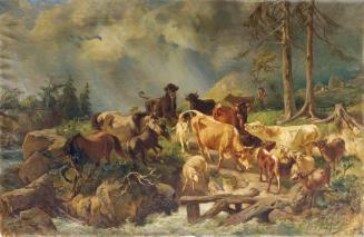 Franz Xaver von Pausinger, Bergige Landschaft mit Kühen, 1897 (?), Öl auf Leinwand, 114 x 175 c ...