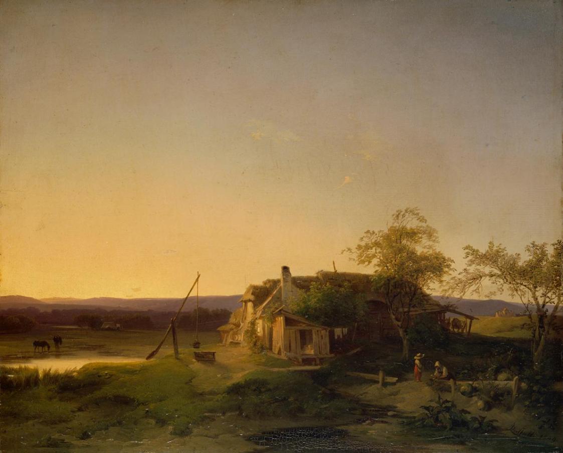 Ignaz Raffalt, Abendlandschaft, 1849, Öl auf Holz, 36 x 44,5 cm, Belvedere, Wien, Inv.-Nr. 2180