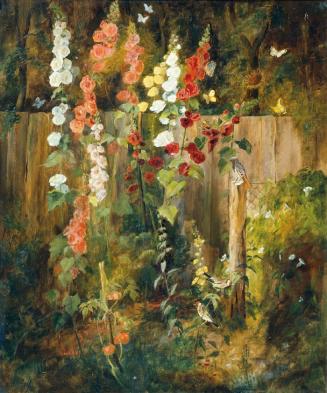 Malven am Gartenzaun, 1930, Öl auf Holz, 74 × 61,4 cm, Belvedere, Wien, Inv.-Nr. 8050