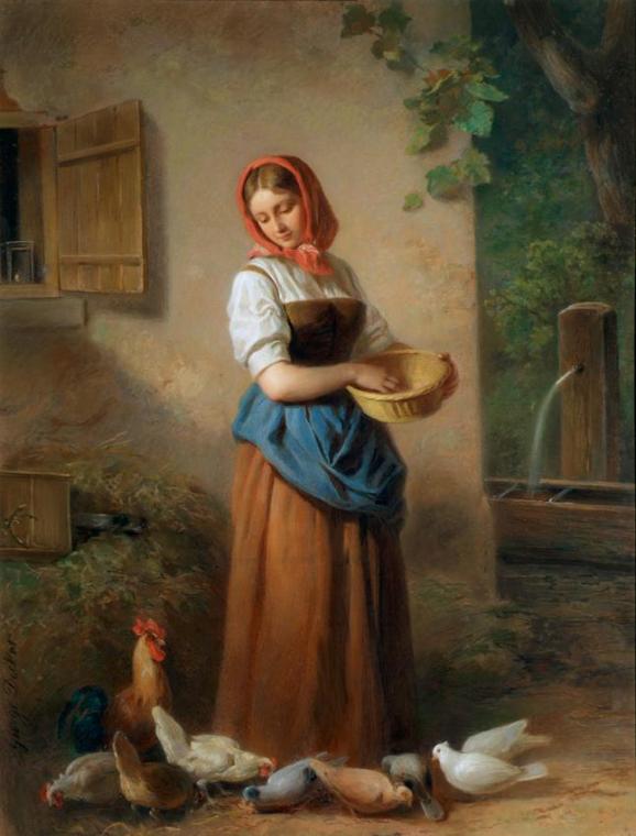 Georg Decker, Ein Mädchen, Hühner und Tauben fütternd, um 1850/1855, Pastell auf Papier, 77,5 x ...