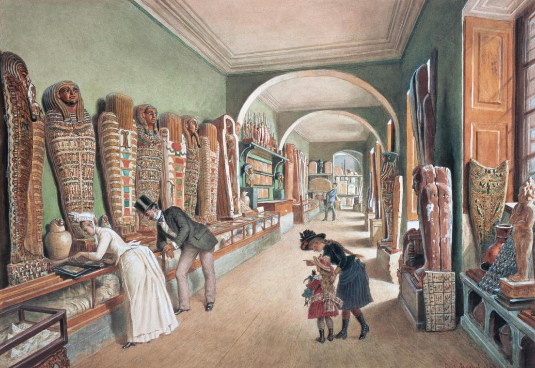 Carl Goebel d. J., Der Korridor und das letzte Kabinett der ägyptischen Sammlung, 1889, Aquarel ...