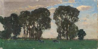 Alfred Zoff, Langenpreising, Viehweide mit großen Bäumen, um 1897, Öl auf Leinwand, 27 x 54,5 c ...