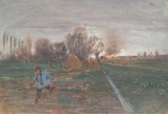 Anton Nowak, Landschaft mit brennendem Gehöft, Öl auf Leinwand, 22,5 x 32,5 cm, Belvedere, Wien ...