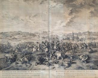Jan van Huchtenburgh, Die Schlacht bei Staffarde, Piemont, 1729, Kupferstich, 53 x 61 cm, Belve ...