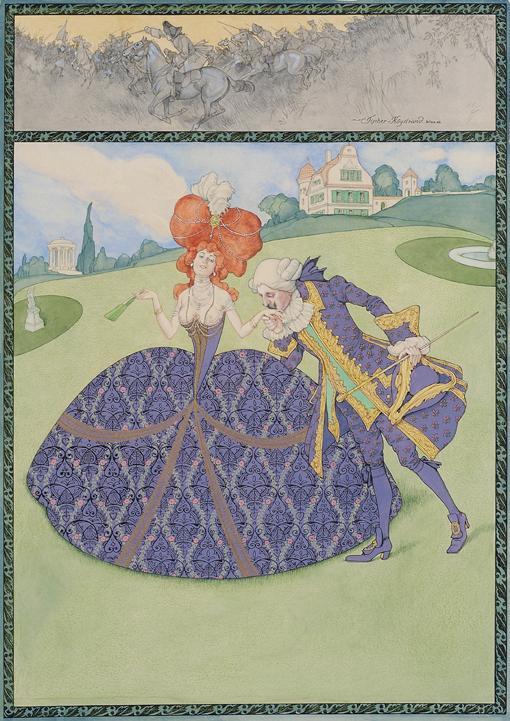 Carl Fischer-Köystrand, Elegantes Paar im Garten ("Servir le roi – servir les dames"), 1906, Aq ...