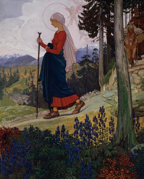 Maximilian Liebenwein, Gang Mariens über das Gebirge, 1911, Tempera auf Karton, 75 x 80 cm, Bel ...