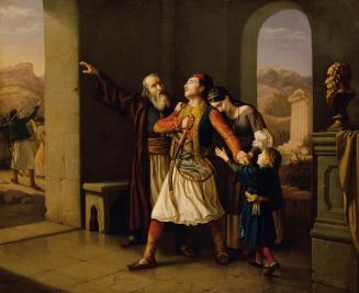 Leopold Löffler, Edler von Radymno, Ein griechischer Krieger nimmt Abschied, 1847, Öl auf Leinw ...