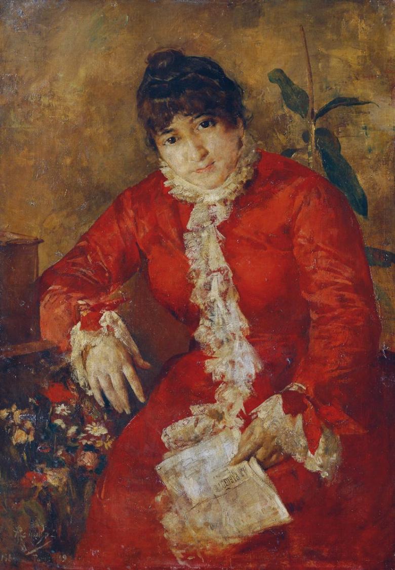 Anton Romako, Frau im scharlachroten Kleid mit Zeitungsblatt und Ficus, um 1884/1889, Öl auf Le ...