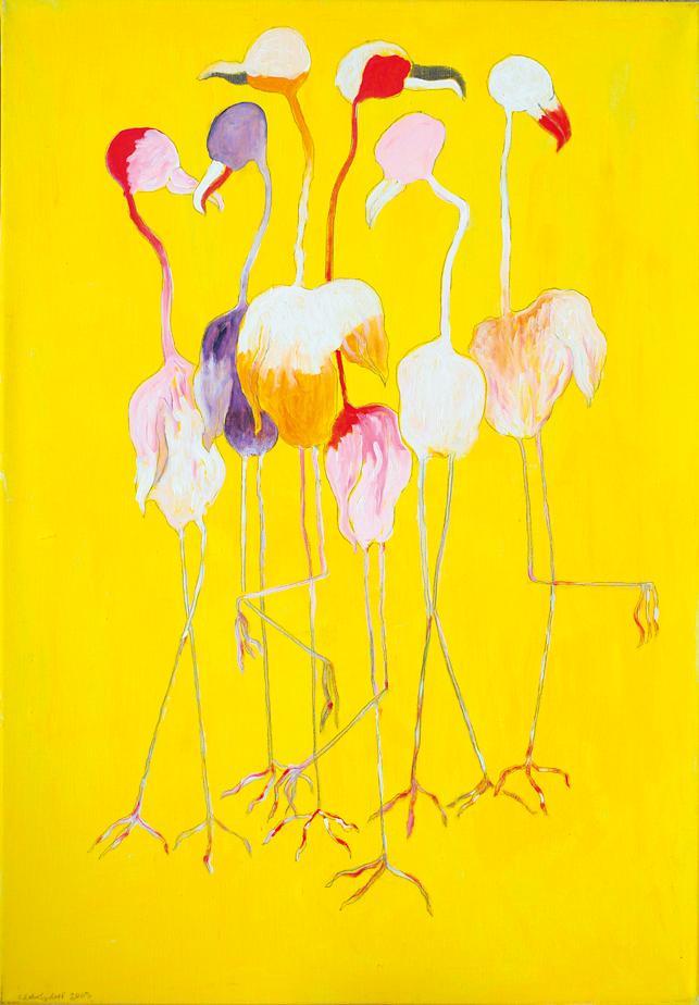 Oswald Oberhuber, Flamingos, 2005, Öl auf Leinwand, 100 x 70 cm, Wien, Belvedere, Inv.-Nr. 9771