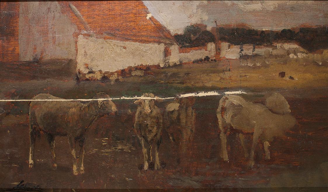 Emil Jakob Schindler, Dorflandschaft mit Schafen, um 1875, Öl auf Holz, 22,5 x 37 cm, Belvedere ...