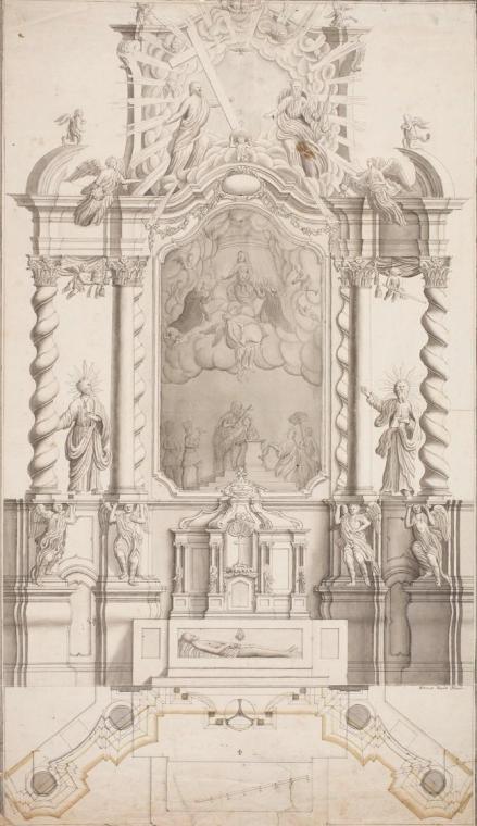 Simon Hueter, Xaver Hueter, Entwurf für einen barocken Hochaltar, Feder, laviert, auf Papier, 6 ...
