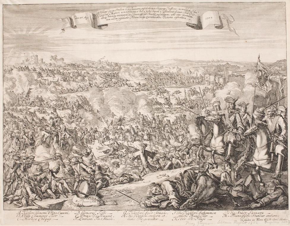 Unbekannter Stecher, Flugblatt auf die Schlacht bei Luzzara im Jahr 1702, Kupferstich, Blattmaß ...