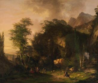 Unbekannter Künstler, Gebirgslandschaft mit kämpfenden Rittern, Öl auf Leinwand, 171 x 210 cm,  ...