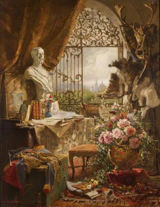 Hugo Charlemont, Stillleben mit Büste des Kronprinzen Rudolf, 1890, Öl auf Holz, 51 x 38 cm, Be ...