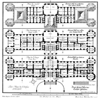 Salomon Kleiner, Drey Grund-Risse des Haupt-Gebäudes, 1736, Radierung, Plattenmaße: 40,4 x 40,1 ...