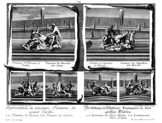 Salomon Kleiner, Vorstellung verschiedener Fontainen in dem grossen Garten, 1737, Radierung, Pl ...