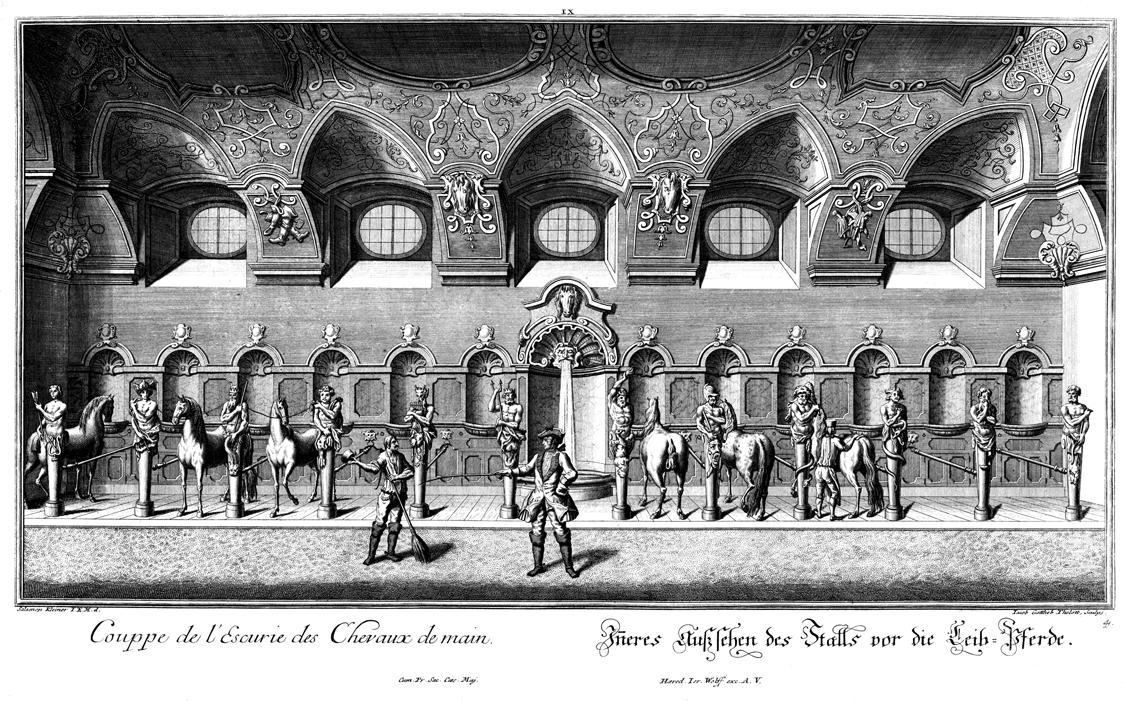 Salomon Kleiner, Inneres Außsehen des Stalls vor die Leib-Pferde, 1738, Radierung, Plattenmaße: ...