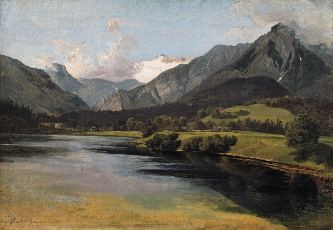 Friedrich August Mathias Gauermann, Der Altausseer See mit dem Dachstein, um 1827, Öl auf Papie ...