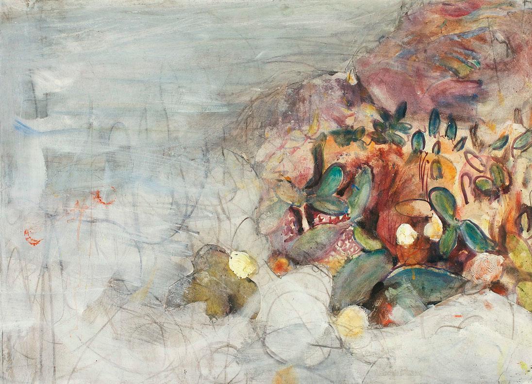 Ernestine Rotter-Peters, Landschaft mit Kakteen auf Teneriffa, 1976, Tempera auf Papier, 62 × 8 ...