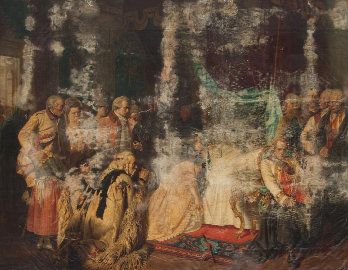 Georg Conräder, Kaiser Joseph II. auf dem Totenbett, 1874, Öl auf Leinwand, 330 × 436 cm, Belve ...