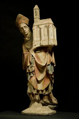 Österreichischer Bildhauer, Hl. Wolfgang, um 1400, Steinguss um einen Steinkern, gefasst, H: 10 ...